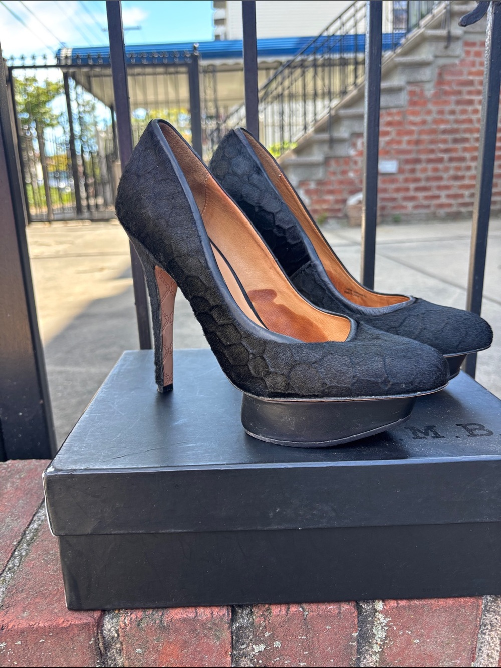L.A.M.B. Black Textured Mohair Platform High Heel Pumps